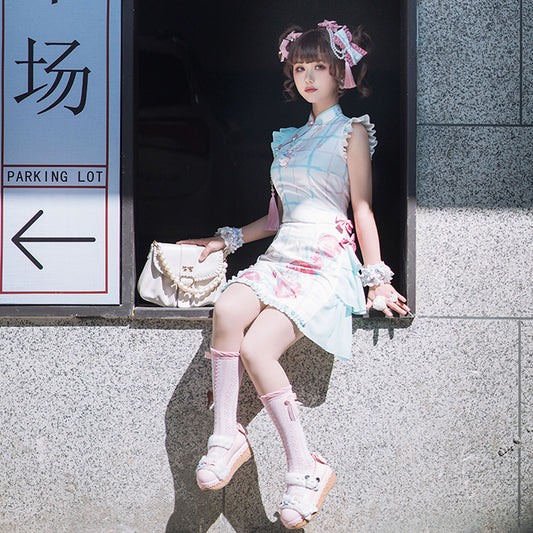 Refreshing Light Blue Square Plaid Lolita China Dress