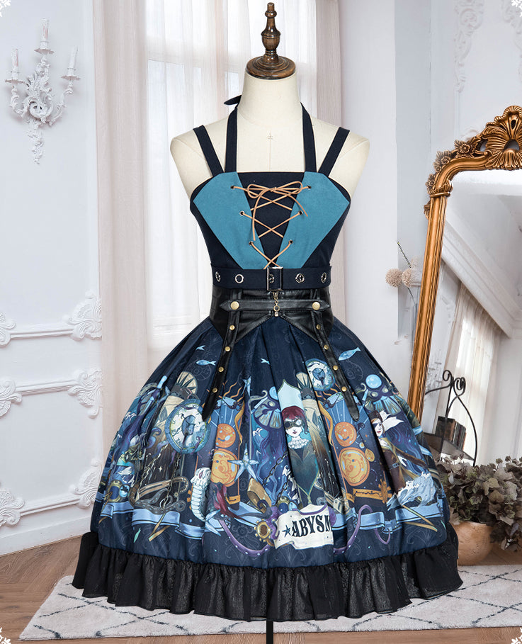 [Reservation sale] Front lace-up punk print Lolita jumper skirt