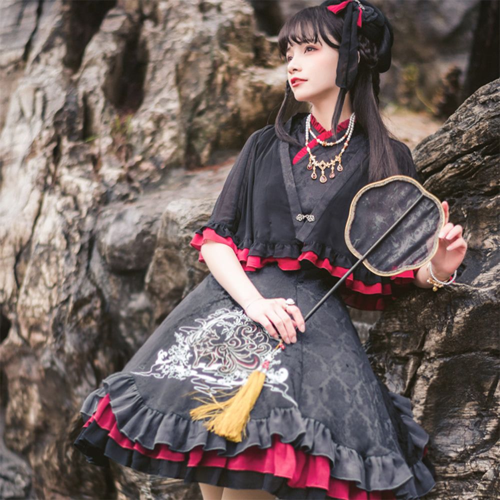 Nine-Tailed Fox Flower Lolita Jumper Skirt with Cloak and Hair Accessory