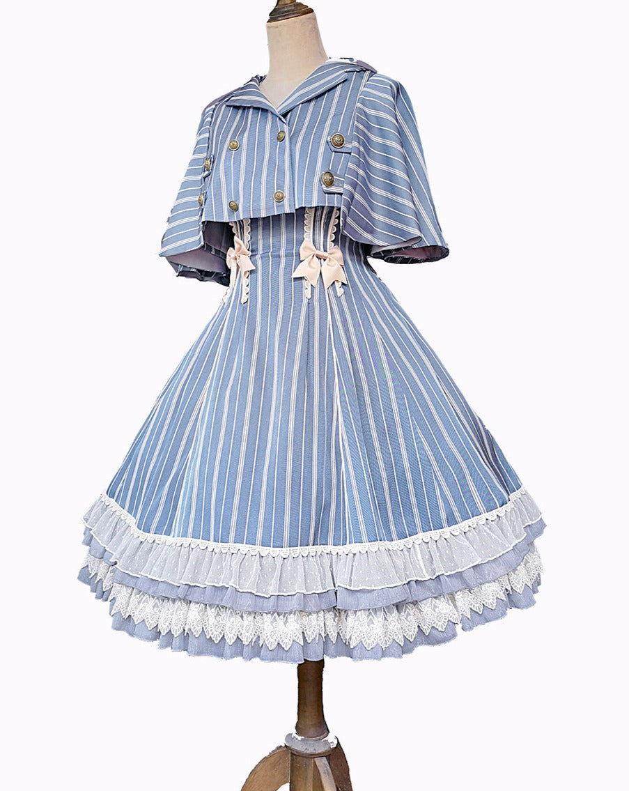 Eternal Emblem striped suspender skirt and cloak