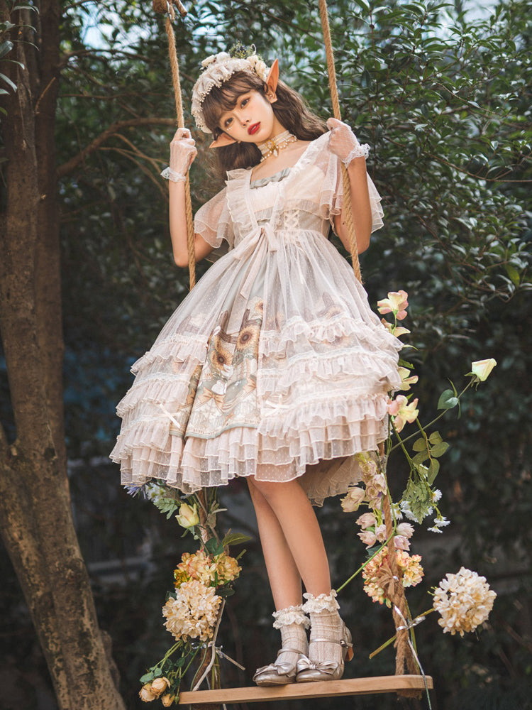 Jumper skirt with fluffy veil and sunflower pattern lace skirt