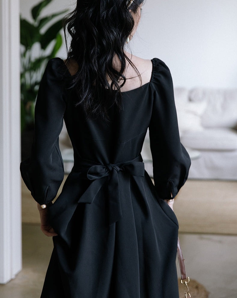 Retro French Square Neck Black Dress