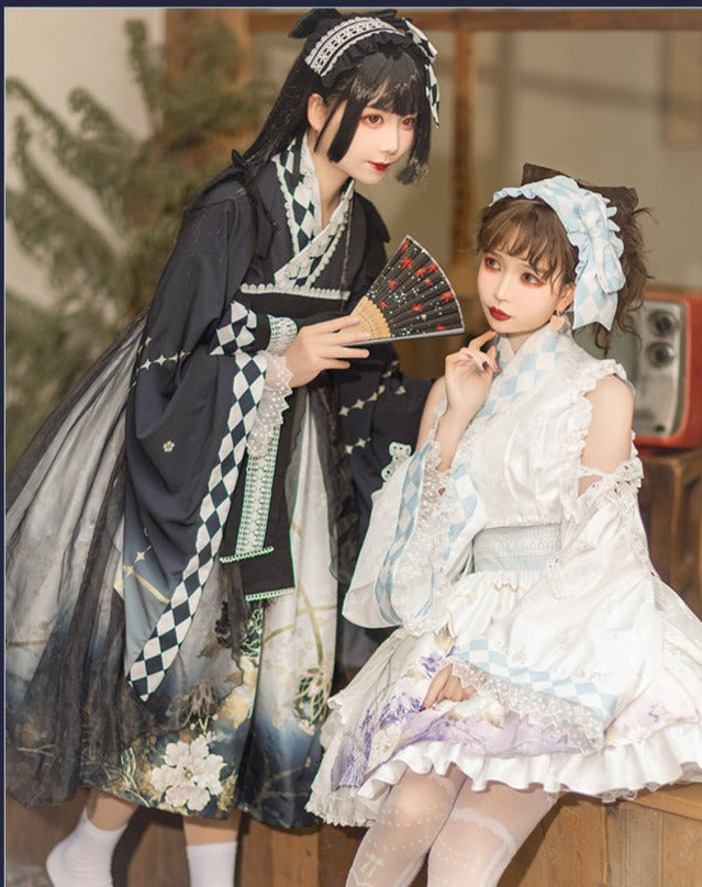和ロリ 花模様のブラックジャンパースカートとトップス ヘッドドレス付き