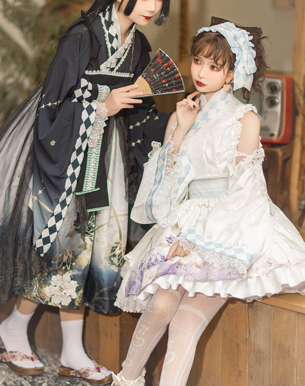 和ロリ 花模様のホワイトミニドレス ヘッドドレス付き