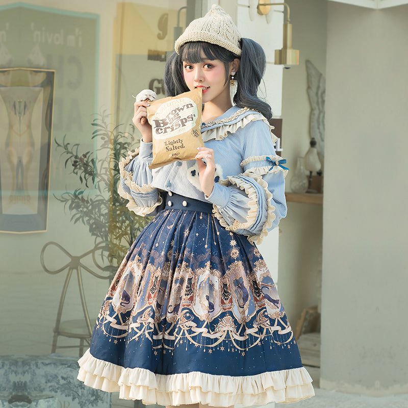 [Pre-order] Palace print blue skirt set