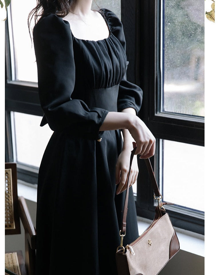 Retro French Square Neck Black Dress