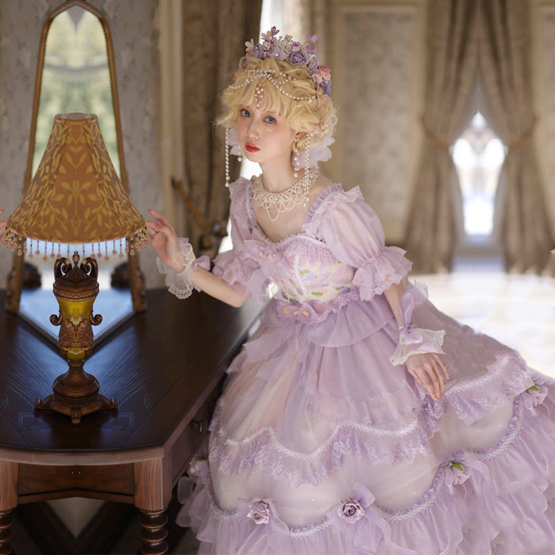 【予約販売】シフォンパープルプリンセスドレスとお花のティアラ