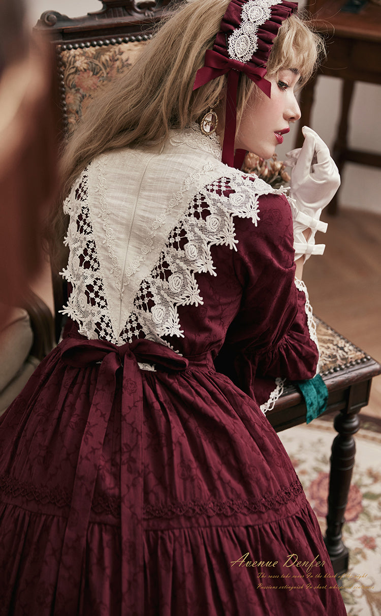 Classical cotton-jacquard lace stand-collar dress