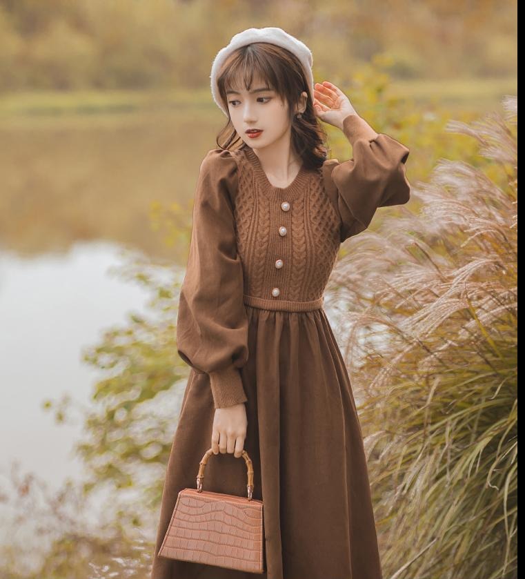 レトロ色のフレンチガーリー パフフリーブワンピース