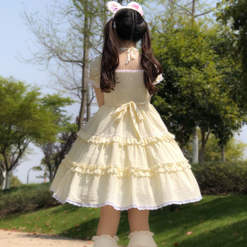 【予約販売】フリルスクエアネック甘ロリ半袖ワンピースとヘッドドレス