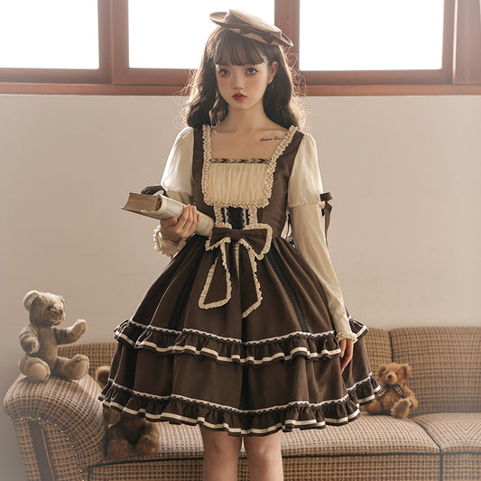 Misty Brown Different Material Mix Retro Doll Dress
