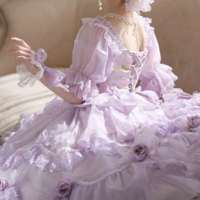 【予約販売】シフォンパープルプリンセスドレスとお花のティアラ