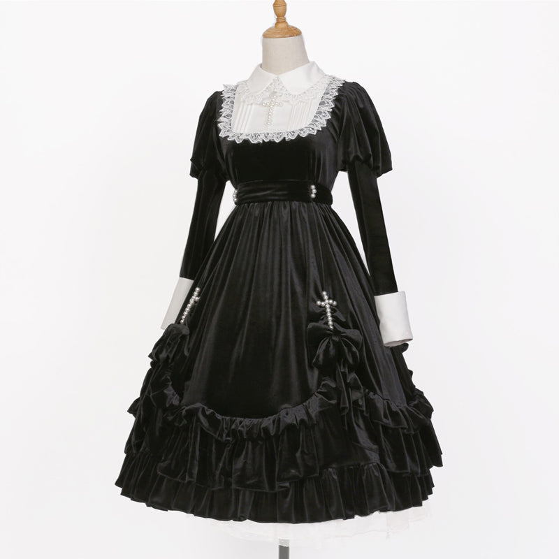 黒のベルベット パールクロスワンピース – ロリータファッション