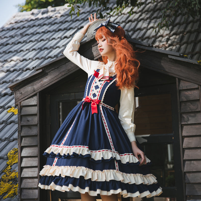 【セット販売】レトロプリンセス ロリータジャンパースカート ブラウス パニエ ヘッドドレス