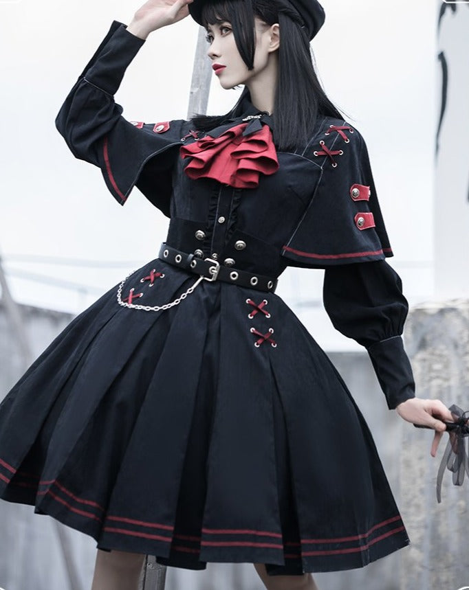 Pre-order] Military Lolita Black x Red Frilled Tie Skirt Setup