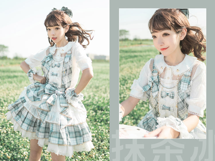 アイドル風フリルとチェックの2wayエプロンスカート