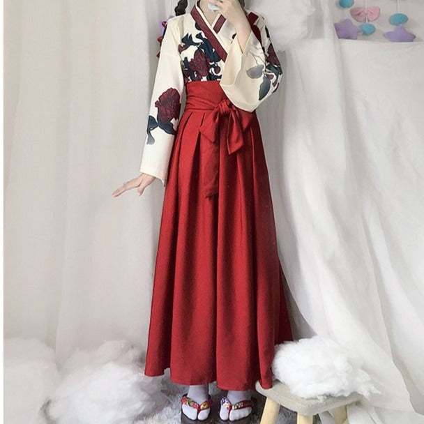 椿柄の袴風スカートとトップス 和ロリセットアップ