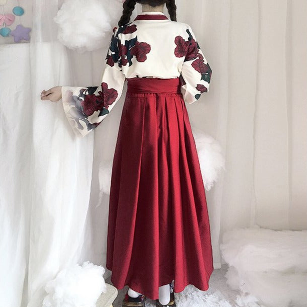 Camellia pattern hakama style skirt and top Japanese loli setup