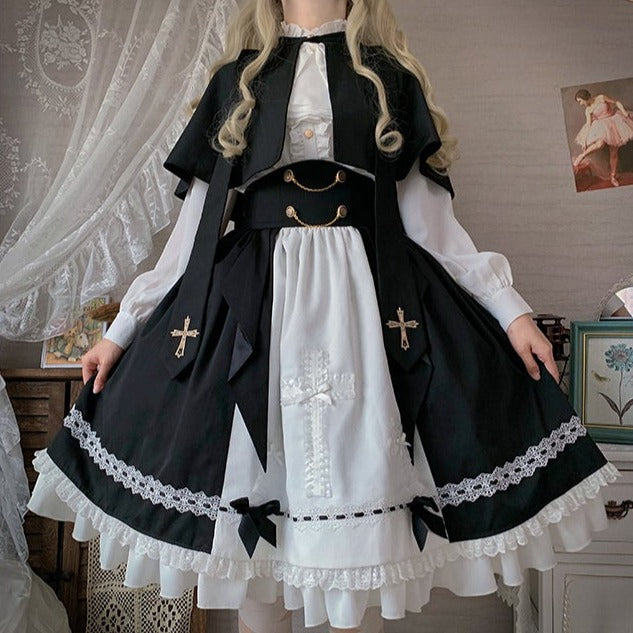 【予約販売】Holy academy 学院風 ゴスロリ スカート・マントセットアップ
