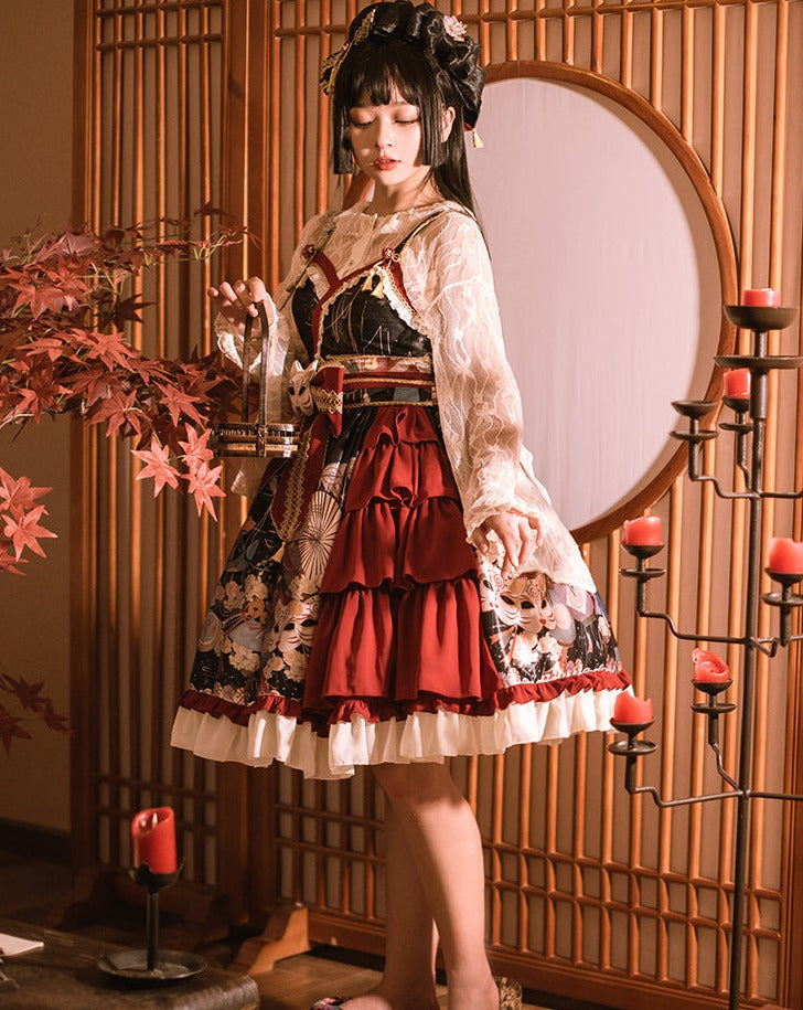 Japanese loli fox face Japanese style print jumper skirt