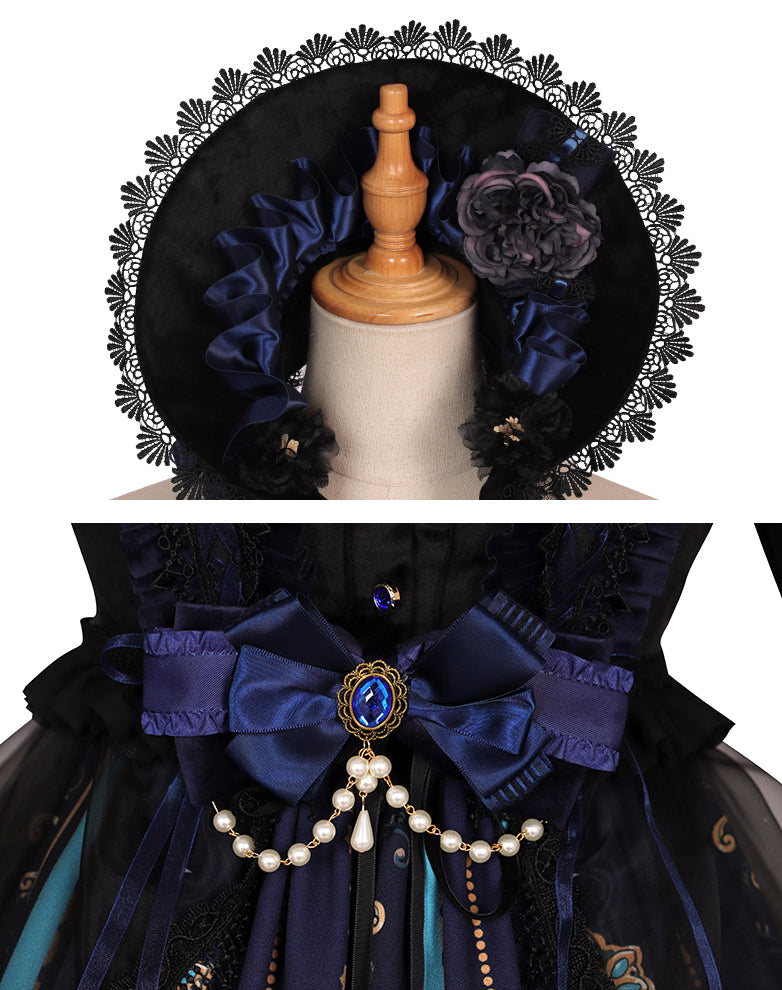 【予約販売】ゴシック 漆黒ネイビー レトロプリントスカート ロリータドレス