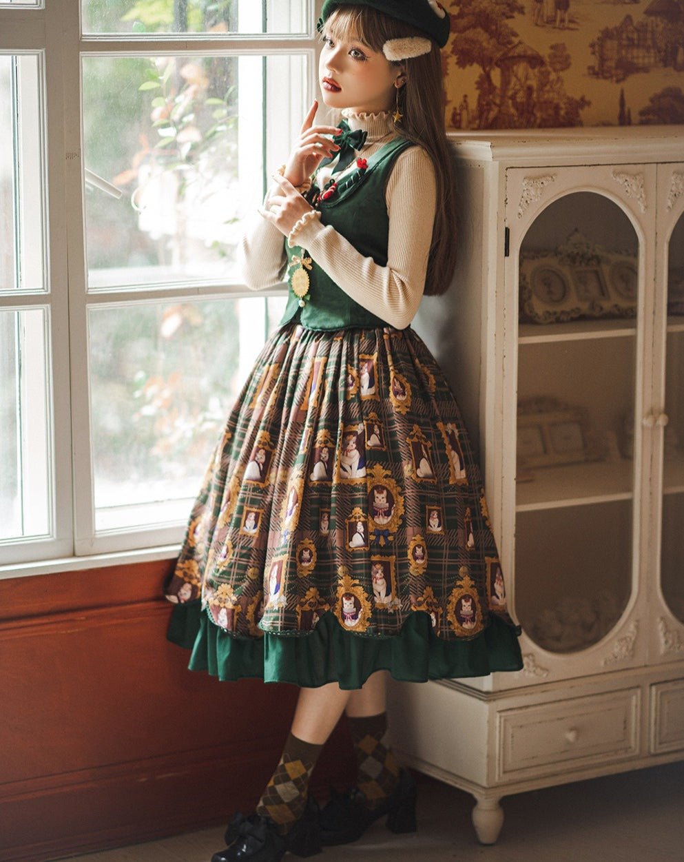 [Pre-order] Frame Cat and Checkered Layered Skirt