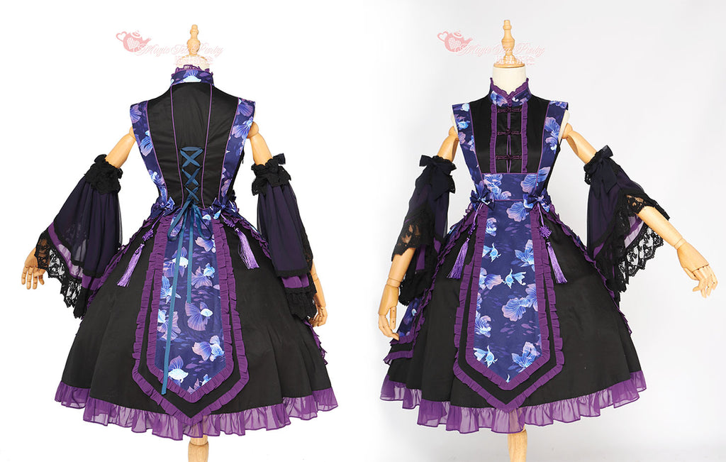 Yumemiru Goldfish Flower Lolita Dress with Arm Sleeves and Hair Accessories