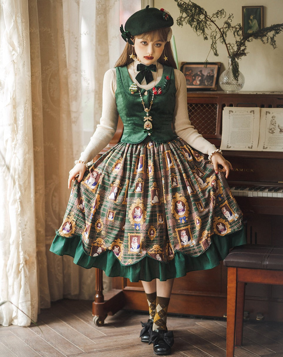 [Pre-order] Frame Cat and Checkered Layered Skirt