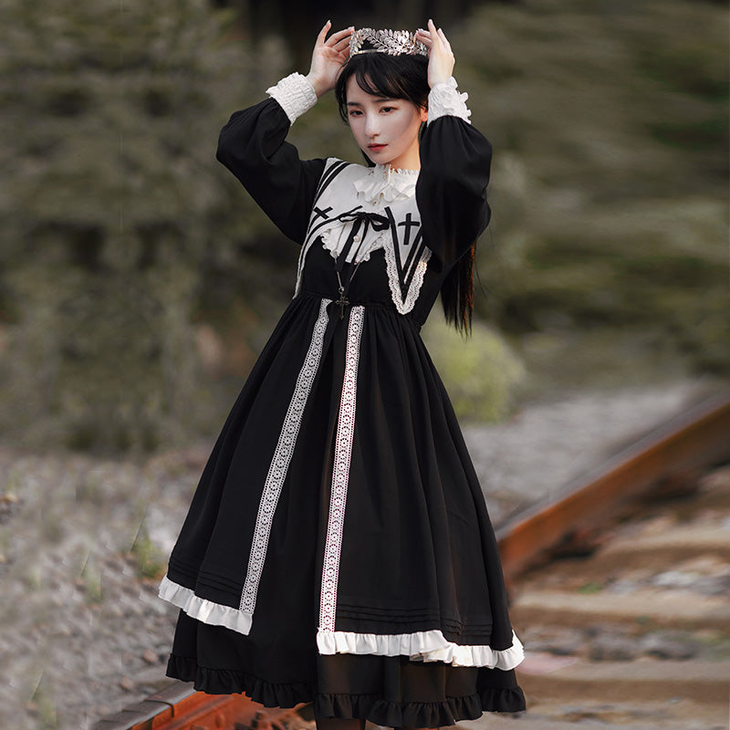 【予約販売】クラシック Aラインスカート 尼僧風ワンピース 付け襟付き