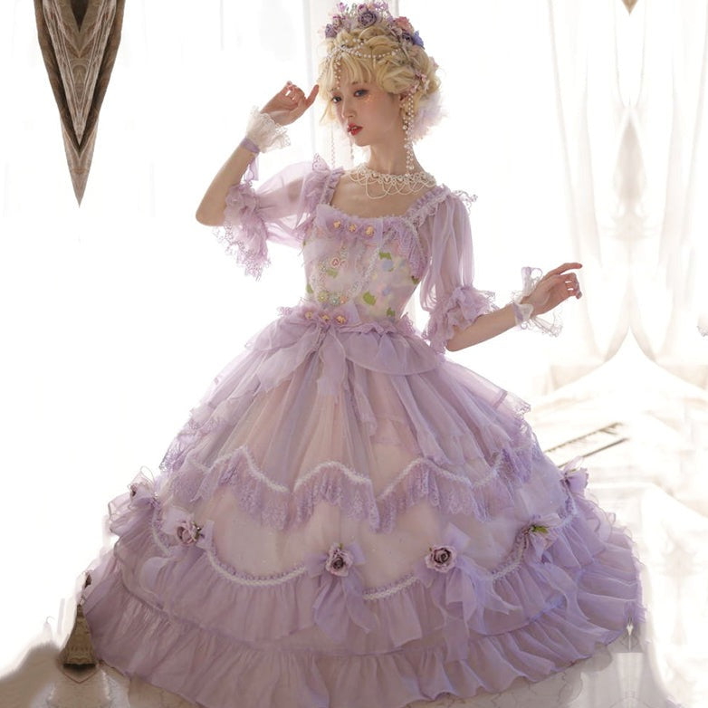 【予約販売】シフォンパープルプリンセスドレスとお花のティアラ