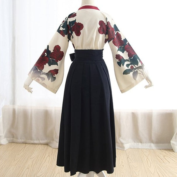 Camellia pattern hakama style skirt and top Japanese loli setup