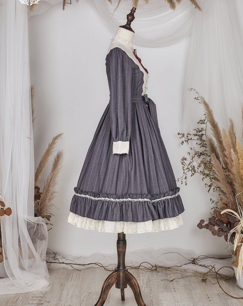 British Classical Lolita Vertical Striped Dress