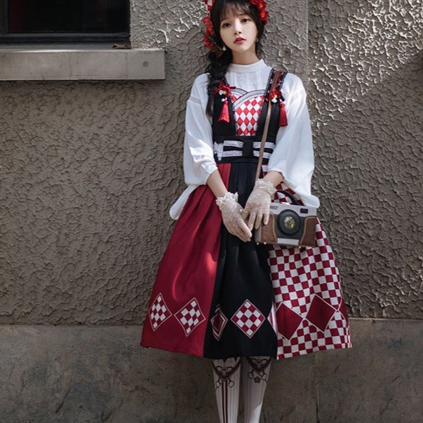 Taisho Roman Rhombic Lattice Japanese Lolita Jumper Skirt and Cloak Japanese Lolita