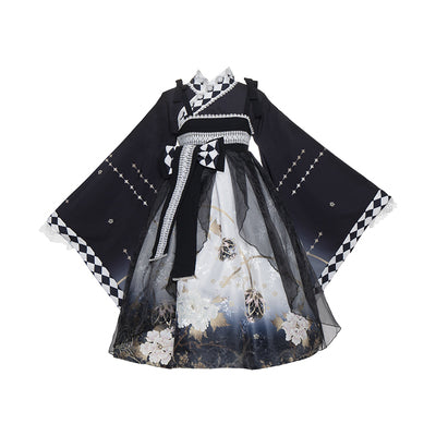 Japanese loli flower pattern black jumper skirt and top with headdress