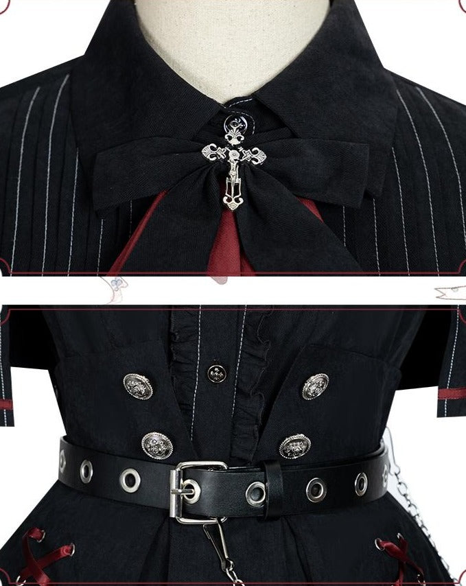 [Pre-order] Military Lolita Black x Red Frilled Tie Skirt Setup
