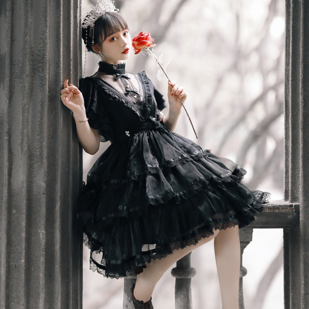 sheer black lolita dress Black/White Jirai Kei Jumper & Hime-Sleeved Blouse Jumper Dress Only / L layered skirt design showcases intricate eyelash lace on the inner layer Lolita dress mail order