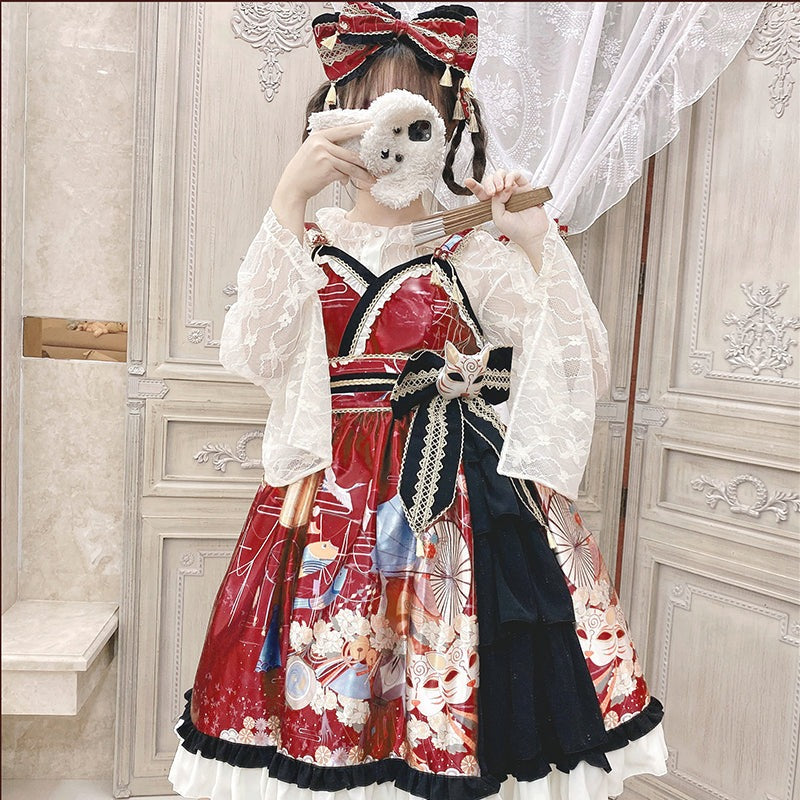 Japanese loli fox mask Japanese style print jumper skirt full set