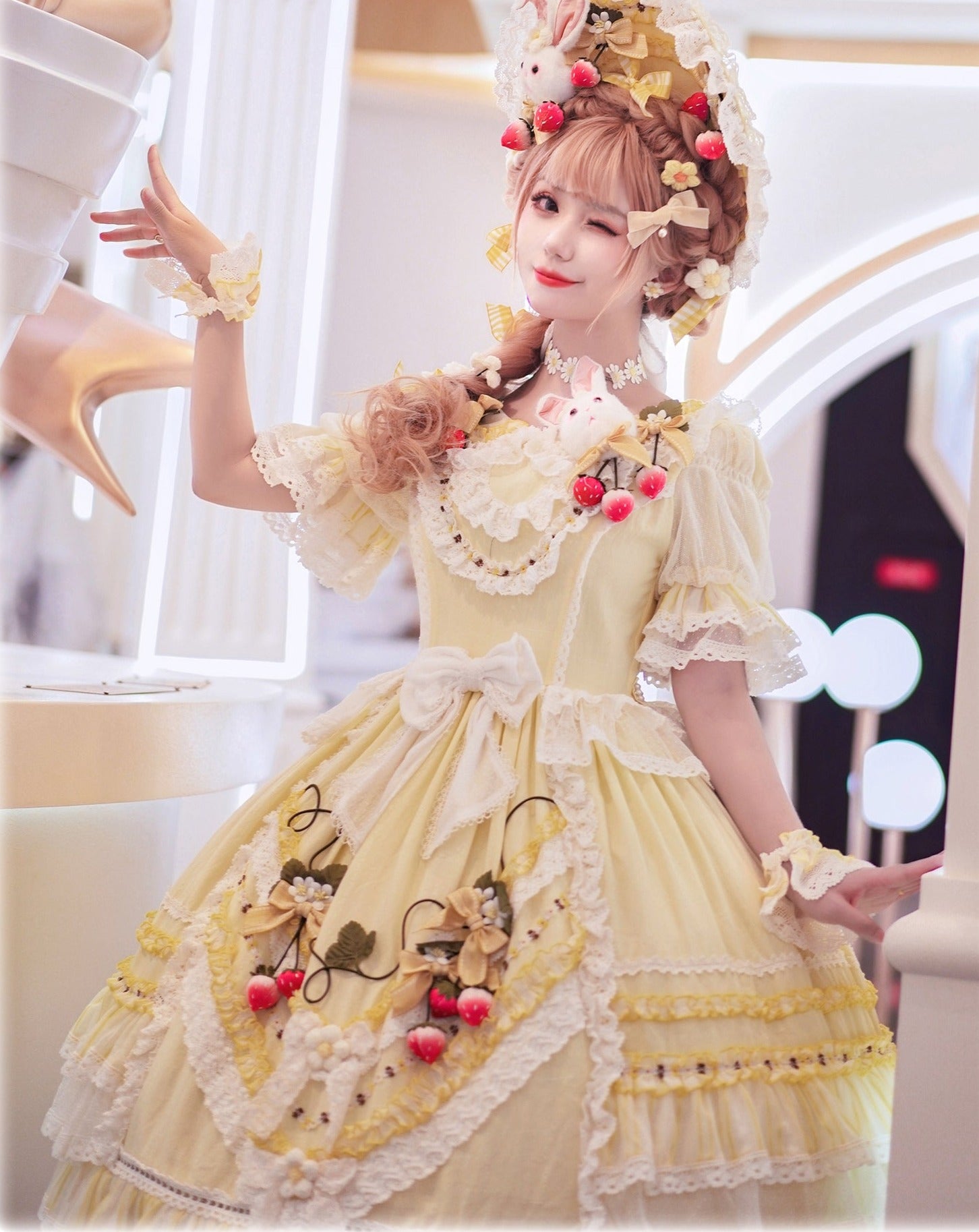 フリルとリボンのストロベリープリンセスドレス 全4色