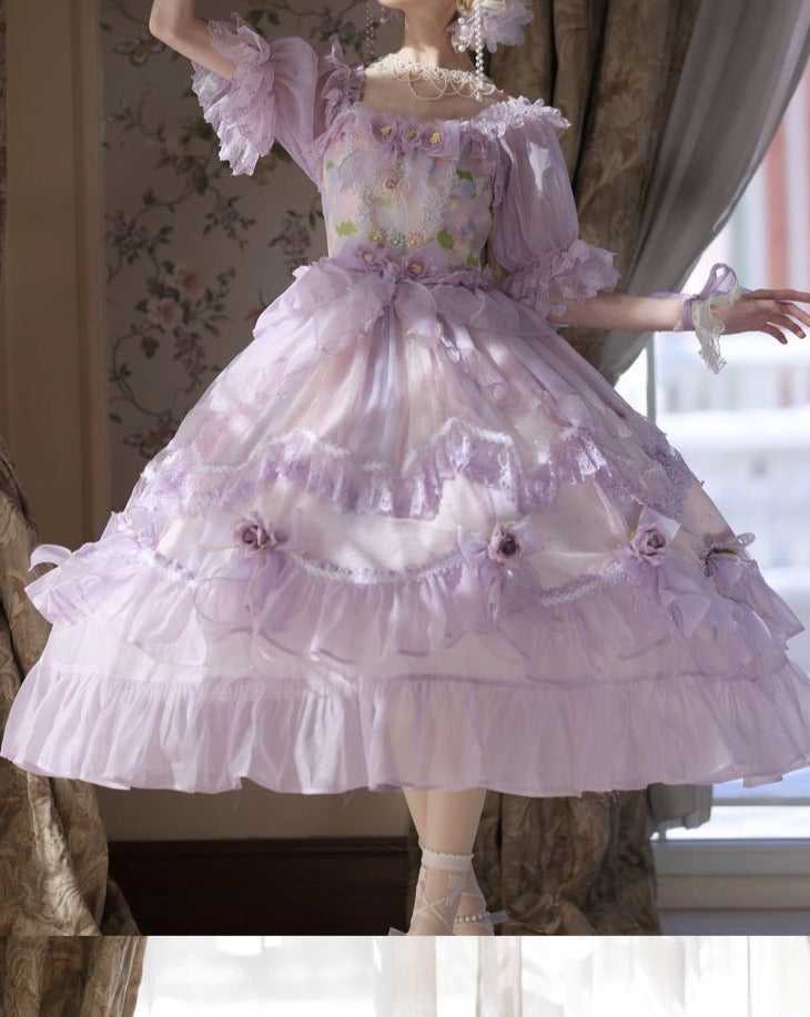 【予約販売】シフォンパープルプリンセスドレスとお花のティアラ