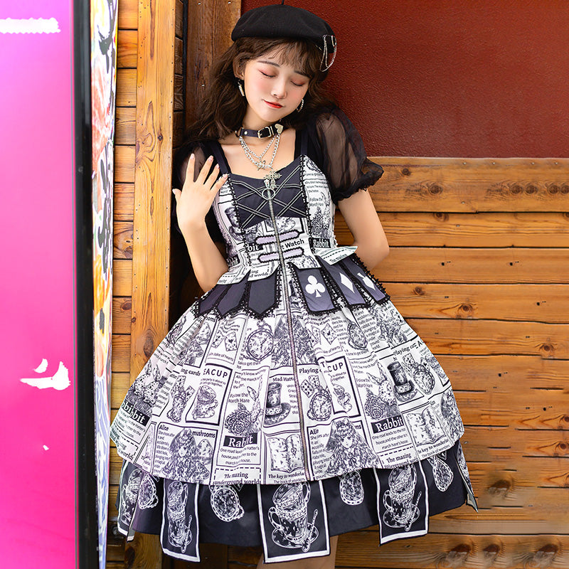 Alice style retro monochrome print jumper skirt