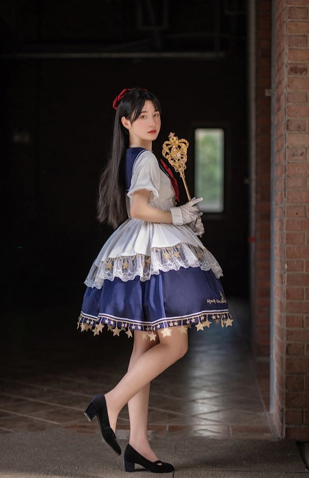 [Sold Out] Sailor Suit Lolita Dress with Embroidered Stars and Moon
