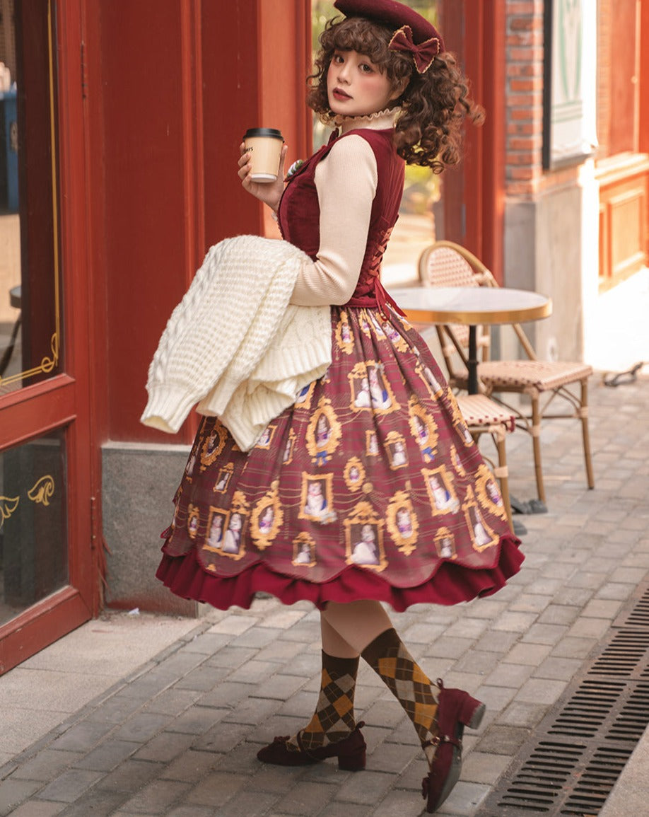 [Pre-order] Frame Cat and Checkered Layered Skirt