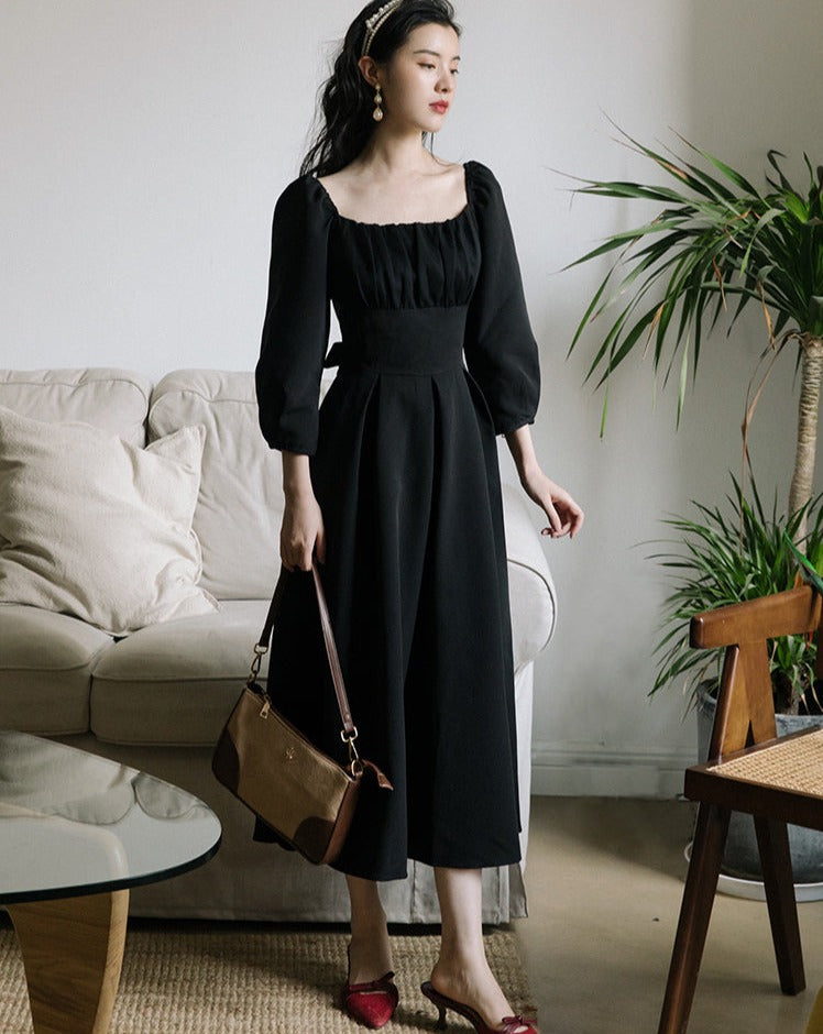 Retro French Square Neck Black Dress