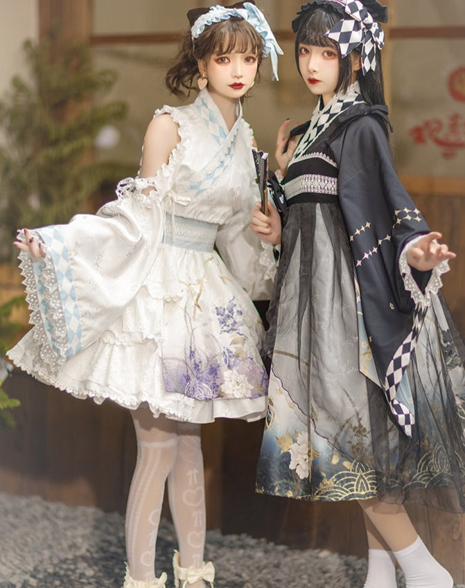和ロリ 花模様のブラックジャンパースカートとトップス ヘッドドレス付き