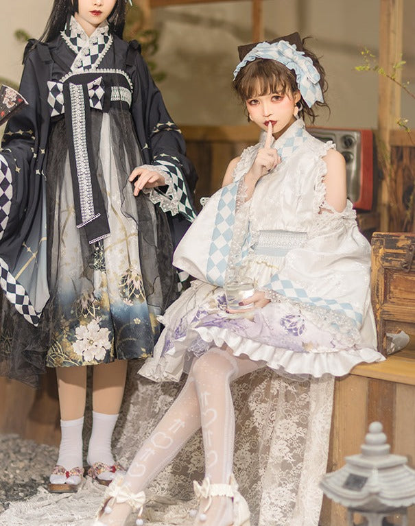 和ロリ 花模様のホワイトミニドレス ヘッドドレス付き