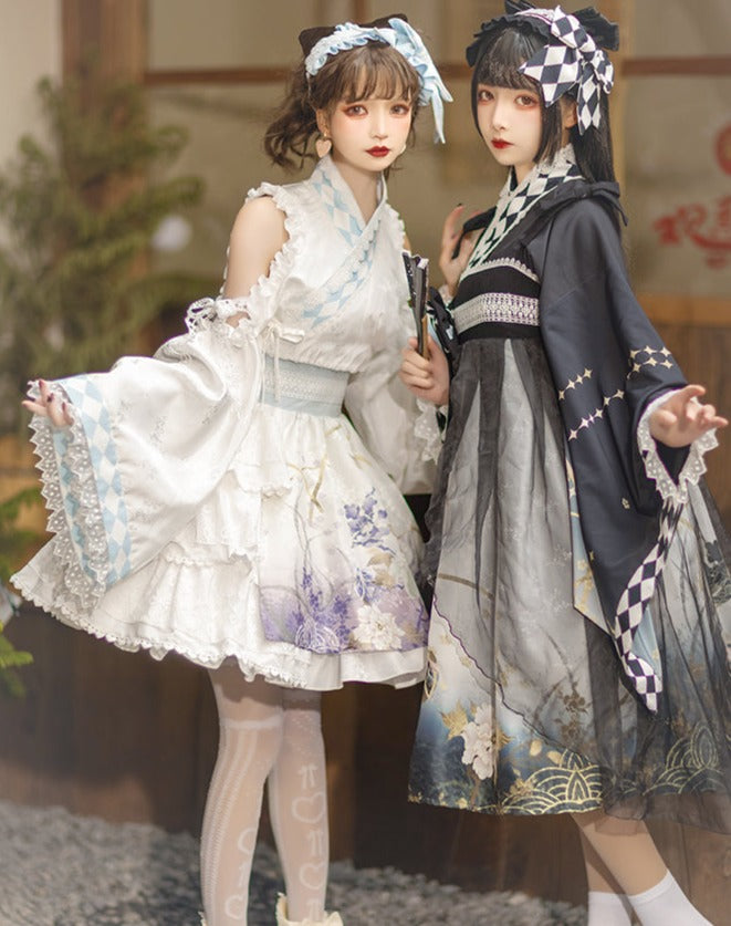 Japanese loli flower pattern white mini dress with headdress