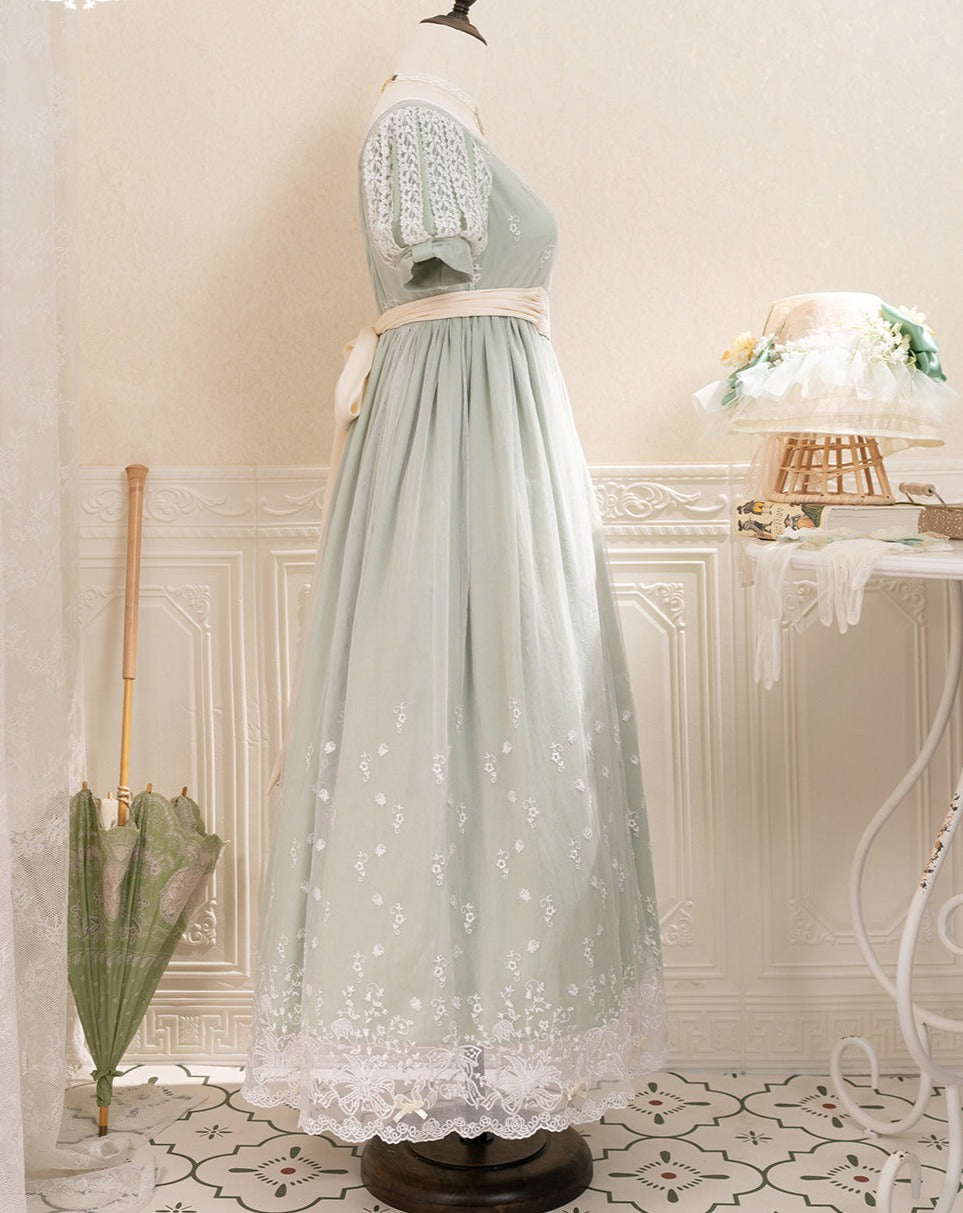 Lily of the valley flower embroidery Greek style empire dress