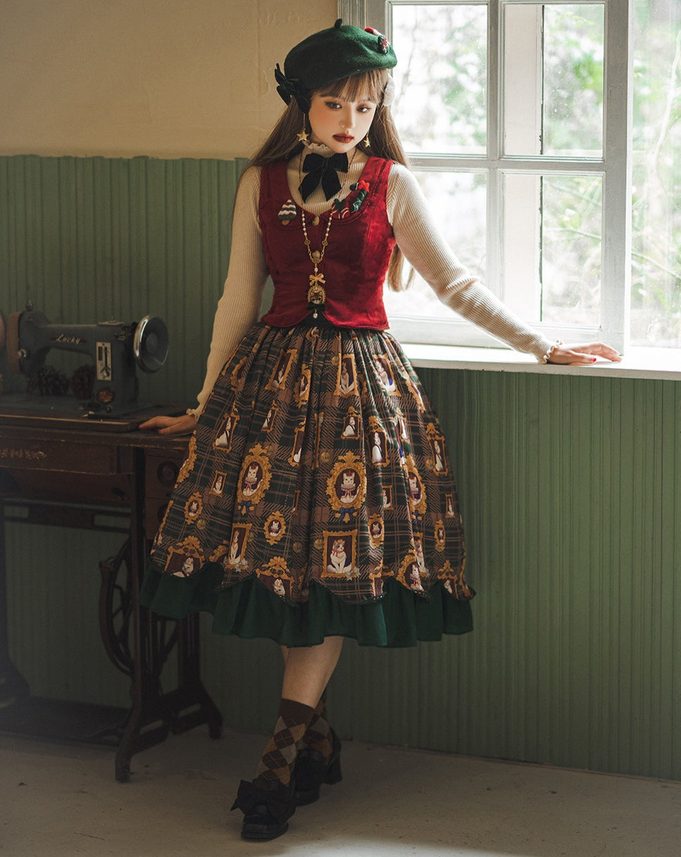 [Pre-order] Frame Cat and Checkered Layered Skirt