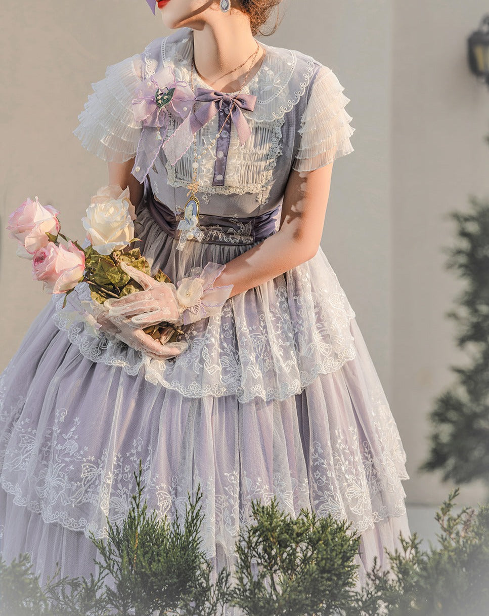 【予約販売】鈴蘭の花刺繍 三段レースワンピース（ロング丈）