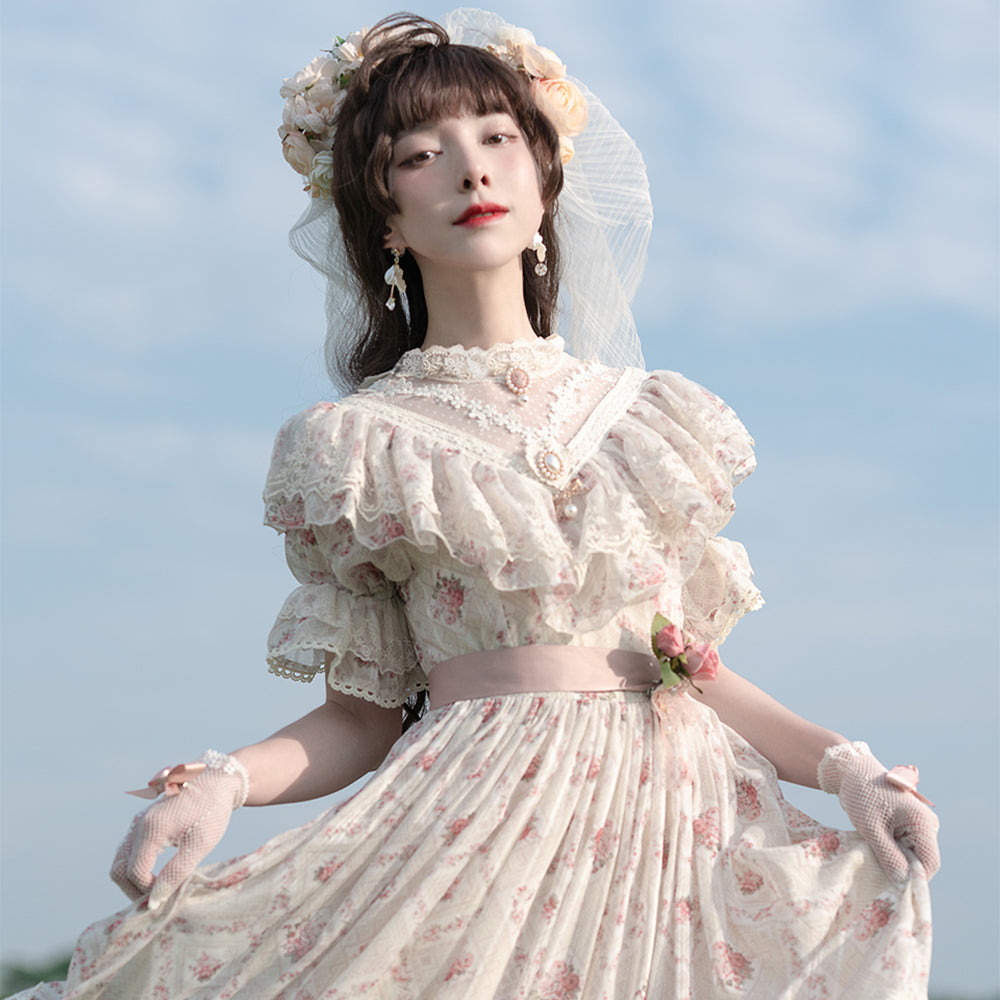 【予約販売】エドワード朝エレガント 薔薇プリントのクラロリワンピース1.0